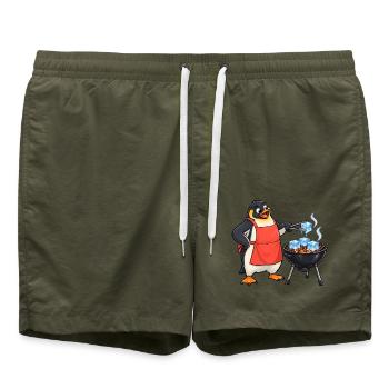 Lustiger Pinguin grillt Eiswürfel am Kugelgrill - Badeshorts - Olive - Vorne - AI Model Male 185 light (185cm)