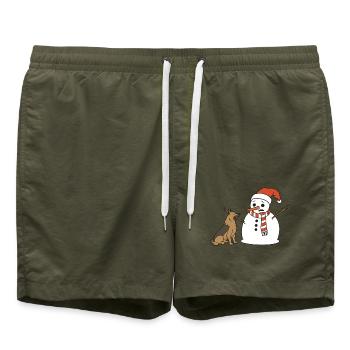 Schäferhund klaut Schneemann den Stockarm - Badeshorts - Olive - Vorne - AI Model Male 185 light (185cm)