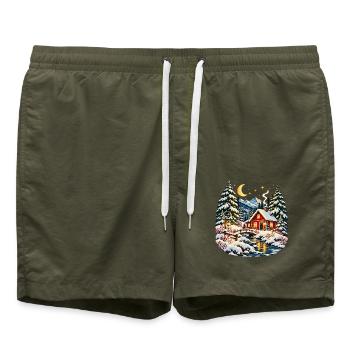 Gemütliche Weihnachtshütte verschneite Winterwelt - Badeshorts - Olive - Vorne - AI Model Male 185 light (185cm)
