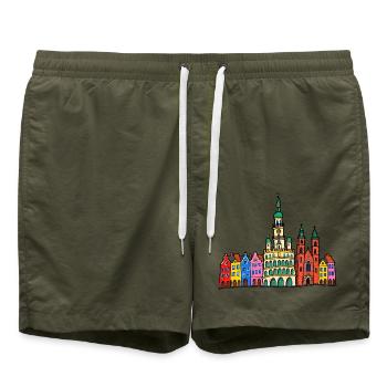 Posen Skyline im bunten Wachsmalstil - Badeshorts - Olive - Vorne - AI Model Male 185 light (185cm)