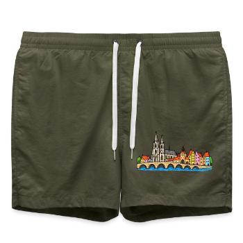 Regensburg Skyline im bunten Wachsmalstil - Badeshorts - Olive - Vorne - AI Model Male 185 light (185cm)