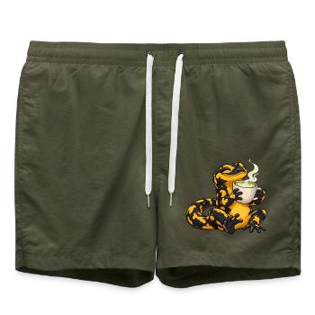 Salamander genießt einen Matcha Latte - Badeshorts - Olive - Vorne - AI Model Male 185 light (185cm)