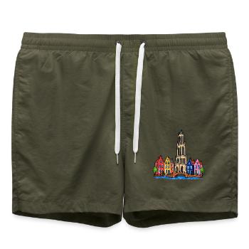 Utrecht Skyline im bunten Wachsmalstil - Badeshorts - Olive - Vorne - AI Model Male 185 light (185cm)