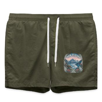 New Zealand – Neuseeland Natur Reise Art - Badeshorts - Olive - Vorne - AI Model Male 185 light (185cm)