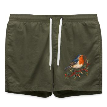 Rotkehlchen mit rotem Faden — Gartenvogel - Badeshorts - Olive - Vorne - AI Model Male 185 light (185cm)