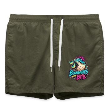 Boundaries with Bite Pufferfish - Badeshorts - Olive - Vorne - AI Model Male 185 light (185cm)