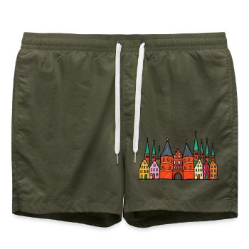 Lübeck Skyline im bunten Wachsmalstil - Badeshorts - Olive - Vorne - AI Model Male 185 light (185cm)
