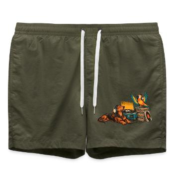 Dackel und Papagei hören Schallplatten - Badeshorts - Olive - Vorne - AI Model Male 185 light (185cm)
