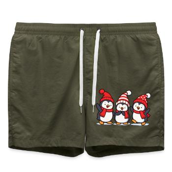 Drei Pinguine mit Wintermützen als Wichtel - Badeshorts - Olive - Vorne - AI Model Male 185 light (185cm)