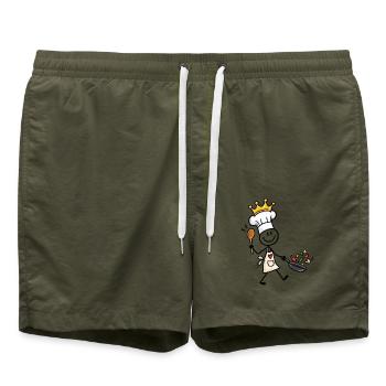 Lustiger kleiner Koch mit Krone und Pfanne - Badeshorts - Olive - Vorne - AI Model Male 185 light (185cm)