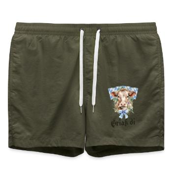 Griaß di – Bayerische Kuh - Badeshorts - Olive - Vorne - AI Model Male 185 light (185cm)