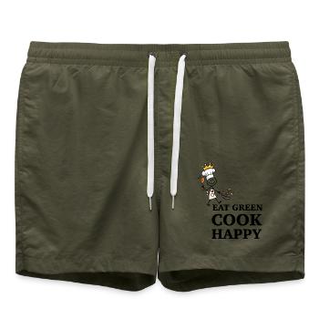 Eat Green Cook Happy – Lustiger Veggie Koch - Badeshorts - Olive - Vorne - AI Model Male 185 light (185cm)