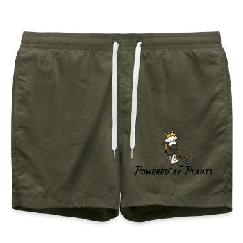 Powered by Plants – Lustiger veganer Koch - Badeshorts - Olive - Vorne - AI Model Male 185 light (185cm)