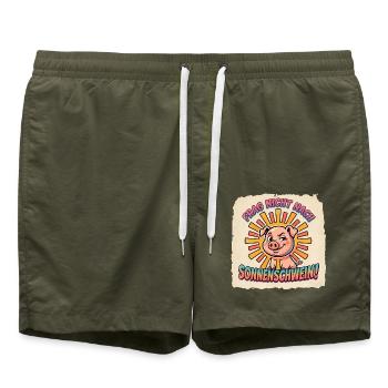 Frag nicht nach Sonnenschwein! Retro Comic Schwein - Badeshorts - Olive - Vorne - AI Model Male 185 light (185cm)
