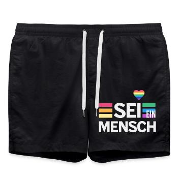 SEI EIN MENSCH - Statement für mehr Menschlichkeit - Badeshorts - Schwarz - Vorne - AI Model Male 185 light (185cm)