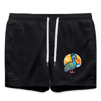 Pfau Lustige Karikatur Kawaii Strand Illustration - Badeshorts - Schwarz - Vorne - AI Model Male 185 light (185cm)
