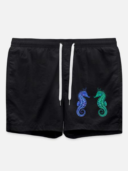 Zwei Seepferdchen - Bunte Aquarell Illustration - Badeshorts - Schwarz