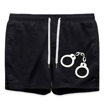 Handschellen Illustration Vektorgrafik Weiß - Badeshorts - Schwarz - Vorne - AI Model Male 185 light (185cm)