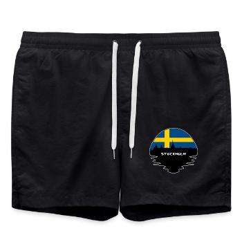 Stockholm-Schweden-Flaggen-Skyline-Schattenbild-Reise - Badeshorts - Schwarz - Vorne - AI Model Male 185 light (185cm)