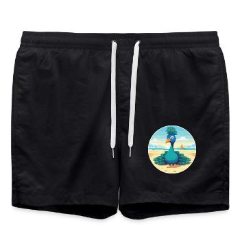 Pfauenkarikatur Yoga Strand Sommer Illustration - Badeshorts - Schwarz - Vorne - AI Model Male 185 light (185cm)