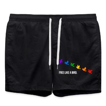Free like a bird, in Regenbogenfarben - Weiß - Badeshorts - Schwarz - Vorne - AI Model Male 185 light (185cm)
