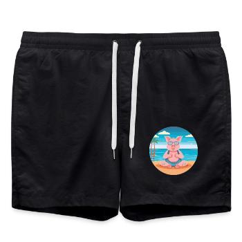 Schwein-Karikatur-Yoga-Strand-Sommer-Illustration - Badeshorts - Schwarz - Vorne - AI Model Male 185 light (185cm)