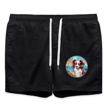 Papillon Hunderasse buntes Karikatur-Aquarell - Badeshorts - Schwarz - Vorne - AI Model Male 185 light (185cm)