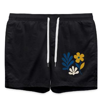 Florale Komposition – Blau & Senf - Badeshorts - Schwarz - Vorne - AI Model Male 185 light (185cm)
