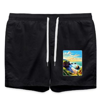Hartland Quay Devon Vintage Travel Poster Souvenir - Swim Trunks - black - Front - AI Model Male 185 light (185cm)