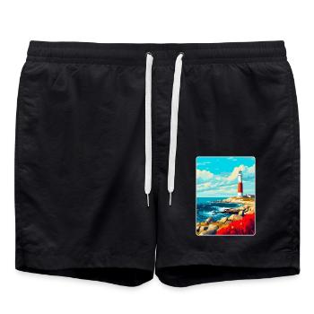 Portland Bill England Uk Travel Poster Souvenir - Swim Trunks - black - Front - AI Model Male 185 light (185cm)