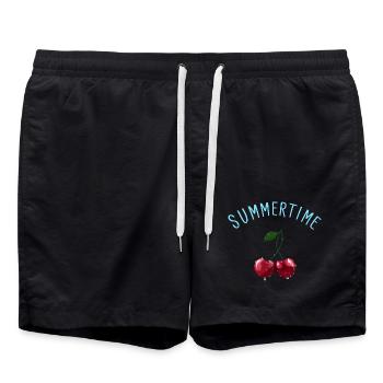 Summertime - Kirschen mit hellblauem Schriftzug - Badeshorts - Schwarz - Vorne - AI Model Male 185 light (185cm)