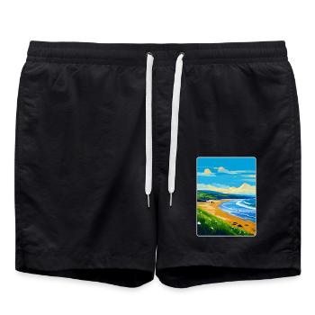 Croyde Beach Devon Vintage Travel Poster Souvenir - Swim Trunks - black - Front - AI Model Male 185 light (185cm)