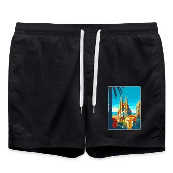 Barcelona Spanien Vintage Reiseplakat Souvenir WPA - Badeshorts - Schwarz - Vorne - AI Model Male 185 light (185cm)