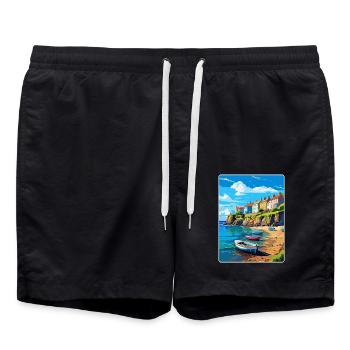 New Quay Wales Uk Vintage Travel Poster Souvenir - Swim Trunks - black - Front - AI Model Male 185 light (185cm)