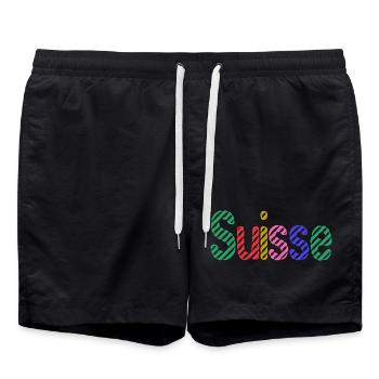 SUISSE. HUMOUR. PAYS. DRAPEAU. GENEVE. LAUSANNE - Short de bain - noir - Devant - AI Model Male 185 light (185cm)