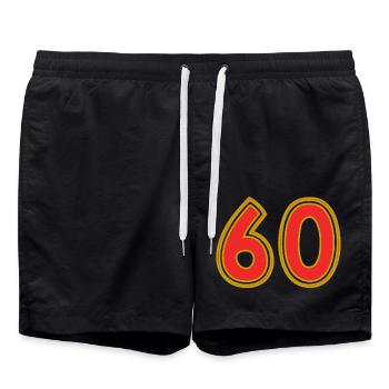 60. 60 JAHRE. 60-JÄHRIGES JUBILÄUM. 60. GEBURTSTAG. - Badeshorts - Schwarz - Vorne - AI Model Male 185 light (185cm)