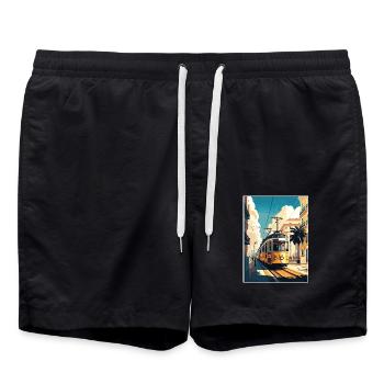 Lissabon Portugal Tram Vintage Reiseposter WPA Kunst - Badeshorts - Schwarz - Vorne - AI Model Male 185 light (185cm)