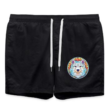 Samojede Hunderasse bunte Aquarell-Illustration - Badeshorts - Schwarz - Vorne - AI Model Male 185 light (185cm)