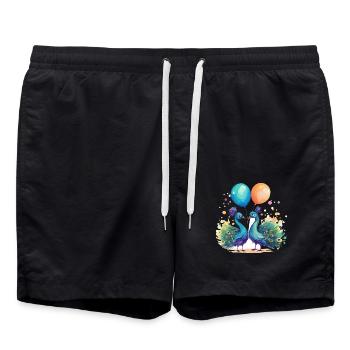 Pfauen Kawaii Cartoon Haustier spielt mit Luftballons - Badeshorts - Schwarz - Vorne - AI Model Male 185 light (185cm)