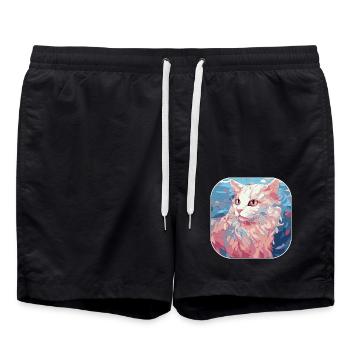Buntes Aquarellglas der amerikanischen Curl-Katzenrasse - Badeshorts - Schwarz - Vorne - AI Model Male 185 light (185cm)