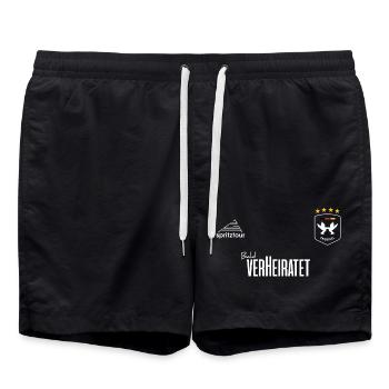 JGA - Trikot - Bald verheiratet - Weiße Schrift - Badeshorts - Schwarz - Vorne - AI Model Male 185 light (185cm)