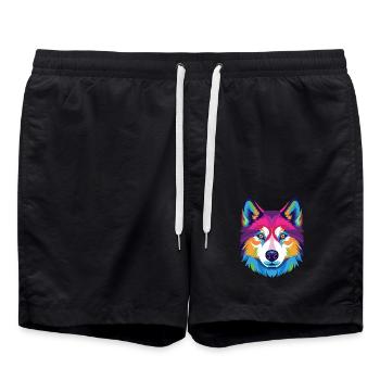 Husky-Hund Bunte Aquarell-Tierillustration - Badeshorts - Schwarz - Vorne - AI Model Male 185 light (185cm)