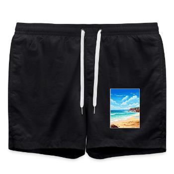 Porthcurno Beach Cornwall Vintage Reiseposter - Badeshorts - Schwarz - Vorne - AI Model Male 185 light (185cm)