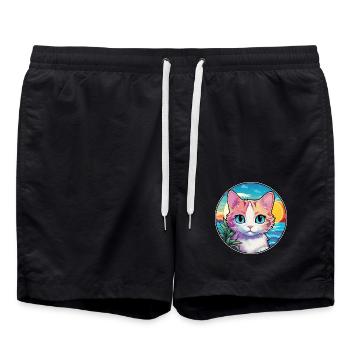 Hantilly Tiffany Katze Aquarell Cartoon Kawaii - Badeshorts - Schwarz - Vorne - AI Model Male 185 light (185cm)