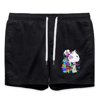 weiße Katze in bunten Fantasie Blumen - Badeshorts - Schwarz - Vorne - AI Model Male 185 light (185cm)