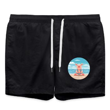 Schwein-Karikatur-Yoga-Strand-Sommer-Illustration - Badeshorts - Schwarz - Vorne - AI Model Male 185 light (185cm)