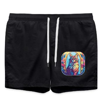 Buntes Aquarell der amerikanischen Bobtail-Katzenrasse - Badeshorts - Schwarz - Vorne - AI Model Male 185 light (185cm)