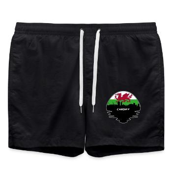 Cardiff-Wales-Flaggen-Skyline-Schattenbild-Reise - Badeshorts - Schwarz - Vorne - AI Model Male 185 light (185cm)