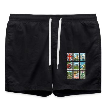 Großbritannien Briefmarken - Badeshorts - Schwarz - Vorne - AI Model Male 185 light (185cm)