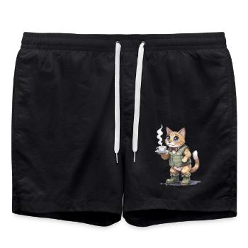 Katze im Tweed-Anzug mit Dampfender Tasse - Badeshorts - Schwarz - Vorne - AI Model Male 185 light (185cm)